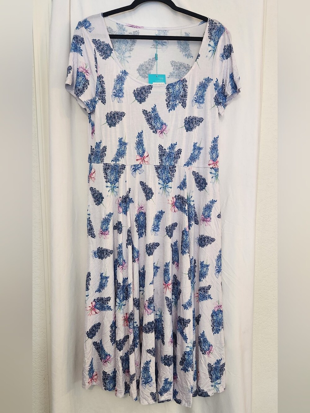 Posh Peanut Midi Stetch Dress Blue/Purple Lavender Floral Bow Print Pockets, XL